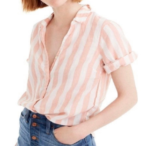 J. Crew Tops - J Crew Peach White Stripe V Neck Button Down 1/2 Sleeve Blouse XL Cotton Collar